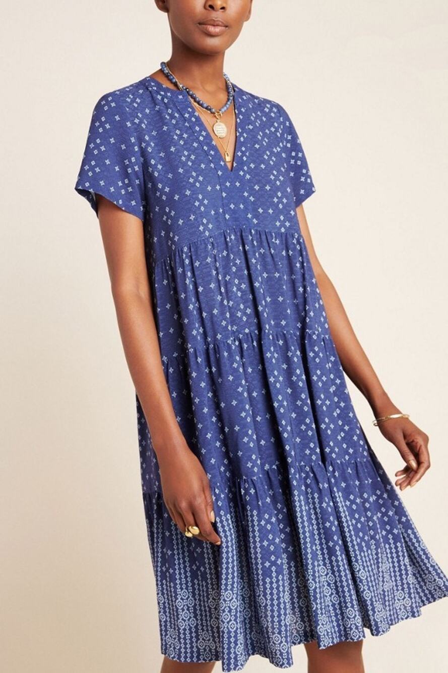 Anthropologie Maeve Dress Xs Tania Tiered V Neck Blue Geometric Cottagecore